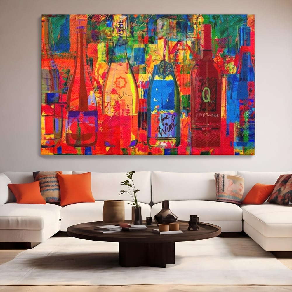 Tablou canvas cu tablou canvas cu sticle colorate de vin, fara rama, pe sasiu de lemn, pe perete intr-un living